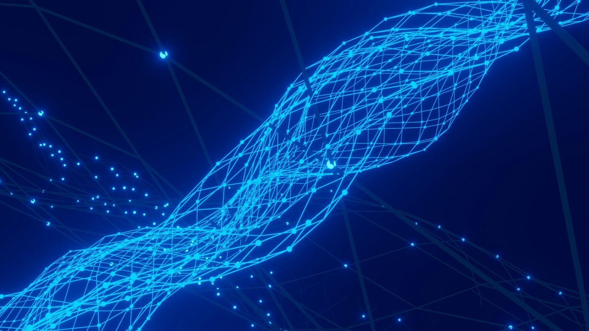 青いネットワークの光が流れるイメージ。デジタル化と業務プロセス変革を象徴するビジュアル。