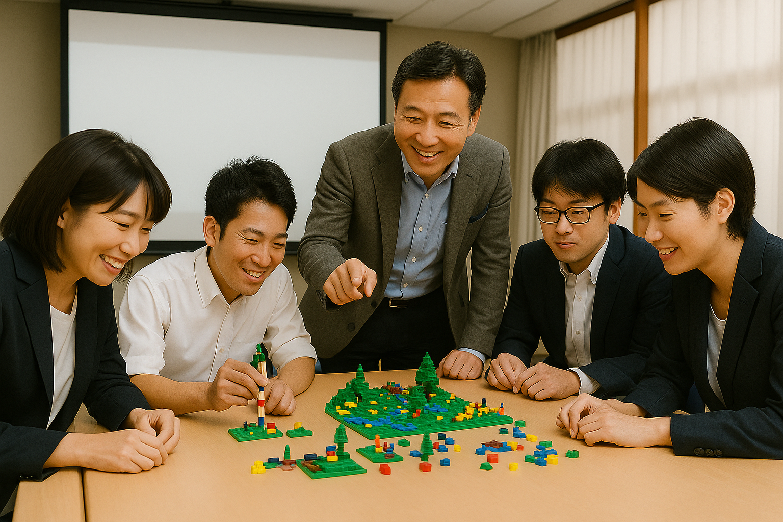 レゴ®シリアスプレイを通じて経営方針の共有を行う日本人ビジネスチーム。共同作業によって組織ビジョンの浸透と一体感を図る様子