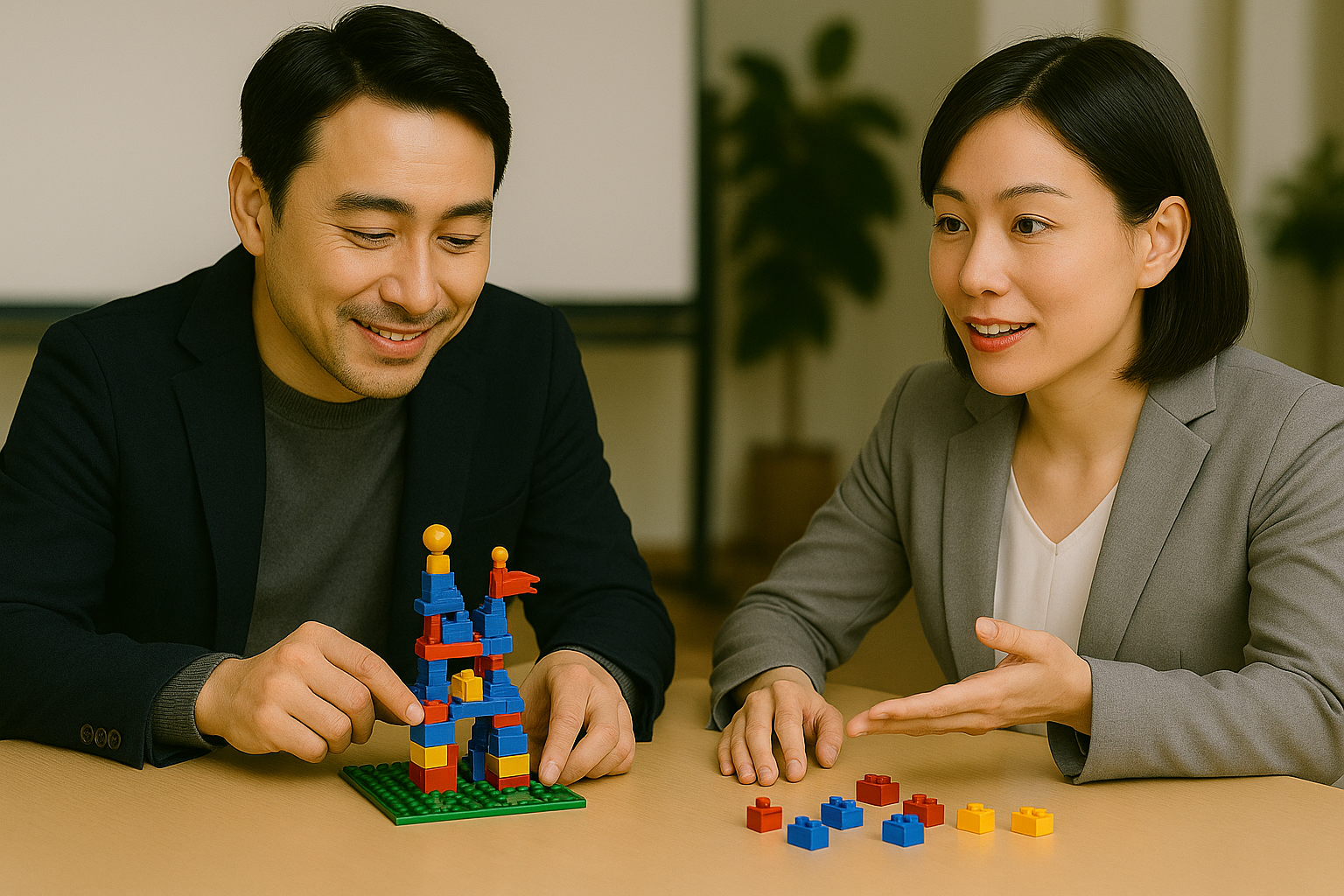 レゴ®ブロックを使って自分の強みや課題を可視化するキャリア支援ワークショップの様子。人材育成や自律支援を目的とした日本人ビジネスパーソンの対話 レゴ®ブロックを使って自分の強みや課題を可視化するキャリア支援ワークショップの様子。人材育成や自律支援を目的とした日本人ビジネスパーソンの対話