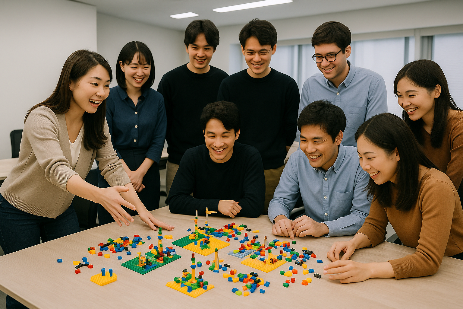 レゴ®ブロックを使った対話型ワークショップでチームビルディングを行う日本人の職場メンバー。信頼関係と連携強化を目指すオンボーディング支援の様子