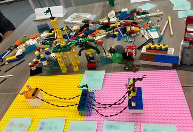 LEGO®ブロックのモデル作品クローズアップ。チームごとのアイデアが形となり、価値提供の構造が表現されている。
