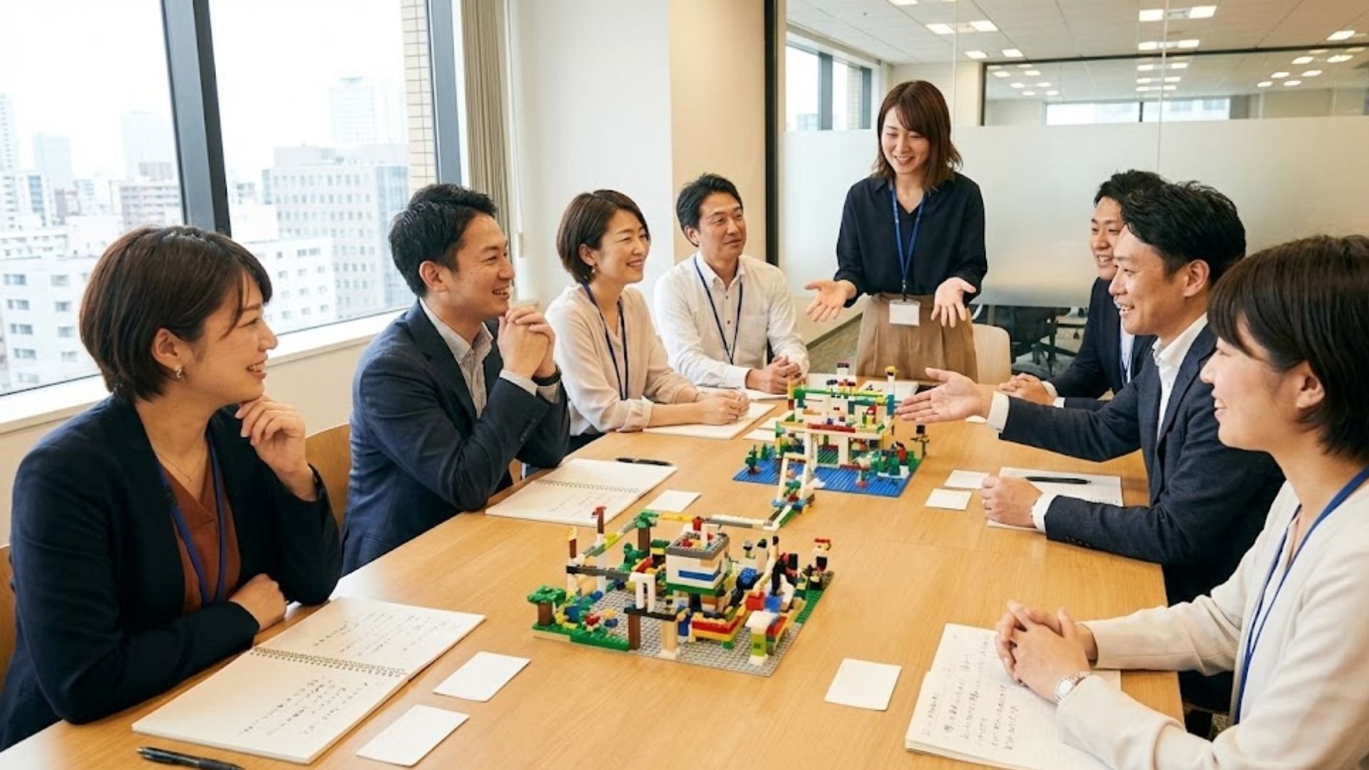 LEGO® SERIOUS PLAY®メソッドと教材を活用した組織開発プログラムで、ファシリテーターの説明を聞きながら参加者がレゴ®モデルを囲んで議論しているビジネスチームの様子 LEGO® SERIOUS PLAY®メソッドと教材を活用した組織開発プログラムで、ファシリテーターの説明を聞きながら参加者がレゴ®モデルを囲んで議論しているビジネスチームの様子